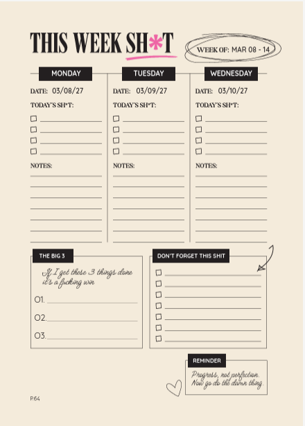 A weekly planner page titled 'THIS WEEK SH*T' with columns for Monday, Tuesday, and Wednesday, plus boxes for notes, the 'big 3', and reminders, printed on a warm beige background.