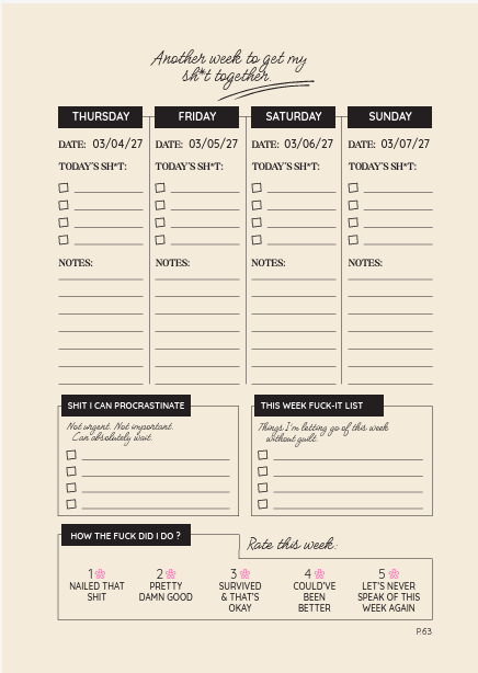 A printable weekly self-reflection and humor planner page with sections for Thursday through Sunday, notes, a 'This Week Fuck-It List,' and a 'How the Fuck Did I Do?' rating section on a warm beige background.